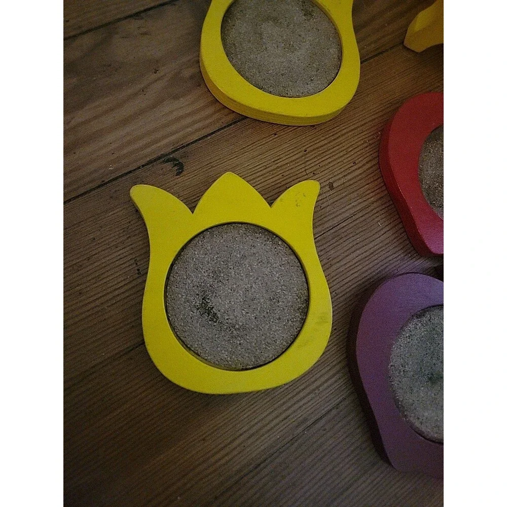 Vtg Tulip Apple Wooden Coaster Set Holder Yellow Red Country Farmhouse Butterfly